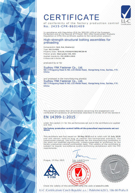 Porcellana Suzhou YNK Fastener Co., Ltd. Certificazioni