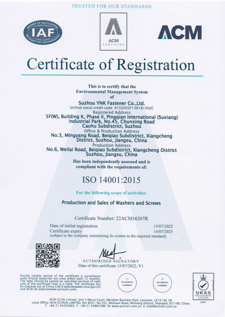 Porcellana Suzhou YNK Fastener Co., Ltd. Certificazioni