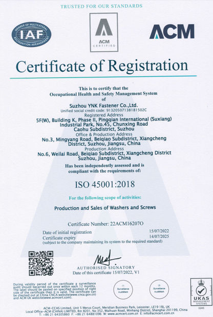 Porcellana Suzhou YNK Fastener Co., Ltd. Certificazioni