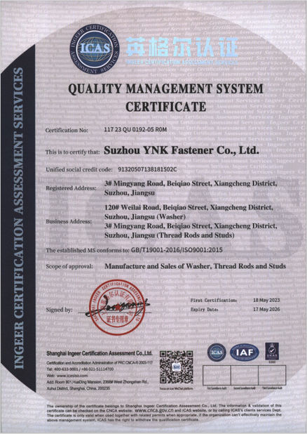Porcellana Suzhou YNK Fastener Co., Ltd. Certificazioni